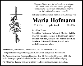 Traueranzeige von Maria Hofmann von Neue Presse Coburg