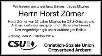 Traueranzeige von Horst Zürner von Frankenpost