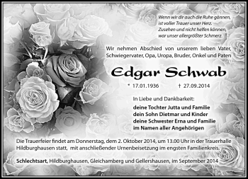 Traueranzeige von Edgar Schwab von Südthüringer Presse
