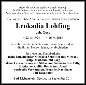 Traueranzeige von Leokadia Lohfing von Südthüringer Presse