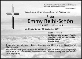 Traueranzeige von Emmy Reihl-Schön von Frankenpost