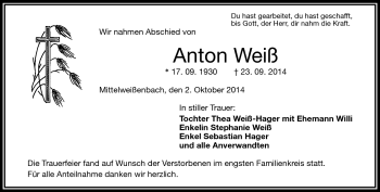Traueranzeige von Anton Weiß von Frankenpost