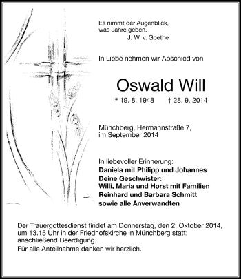 Traueranzeige von Oswald Will von Frankenpost
