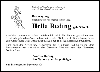 Traueranzeige von Hella Reding von Südthüringer Presse