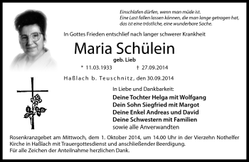 Traueranzeige von Maria Schülein von Neue Presse Coburg