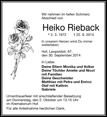 Traueranzeige von Heiko Rieback von Frankenpost