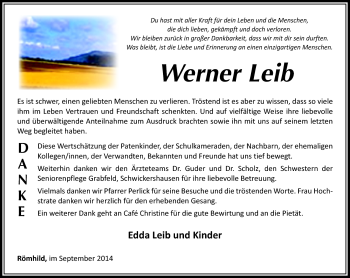 Traueranzeige von Werner Leib von Südthüringer Presse