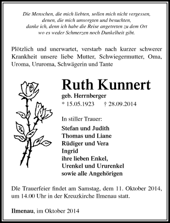 Traueranzeige von Ruth Kunnert von Südthüringer Presse