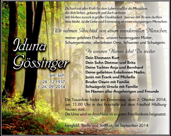 Traueranzeige von Iduna Gössinger von Südthüringer Presse