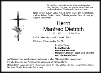 Traueranzeige von Manfred Dietrich von Frankenpost