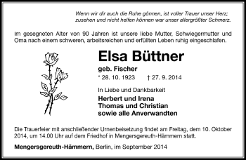 Traueranzeige von Elsa Büttner von Südthüringer Presse