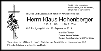 Traueranzeige von Klaus Hohenberger von Frankenpost