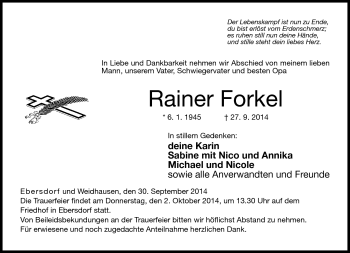 Traueranzeige von Rainer Forkel von Neue Presse Coburg