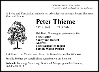 Traueranzeige von Peter Thieme von Südthüringer Presse