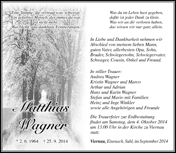 Traueranzeige von Matthias Wagner von Südthüringer Presse