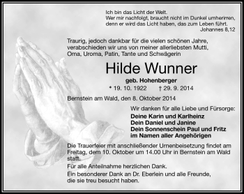 Traueranzeige von Hilde Wunner von Frankenpost