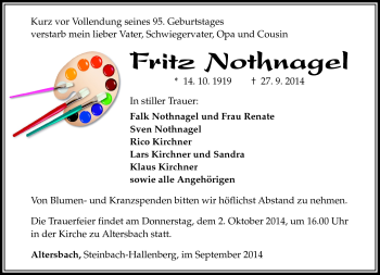 Traueranzeige von Fritz Nothnagel von Südthüringer Presse
