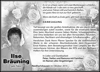 Traueranzeige von Ilse Bräuning von Südthüringer Presse