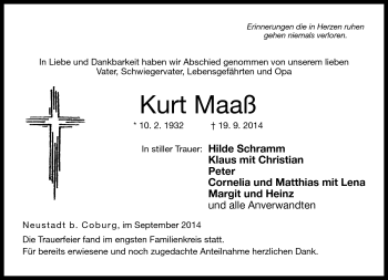 Traueranzeige von Kurt Maaß von Neue Presse Coburg