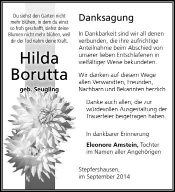 Traueranzeige von Hilda Borutta von Südthüringer Presse