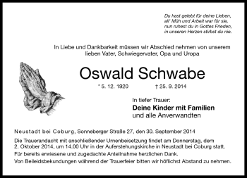 Traueranzeige von Oswald Schwabe von Neue Presse Coburg