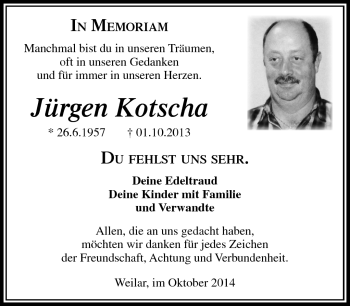 Traueranzeige von Jürgen Kotscha von Südthüringer Presse