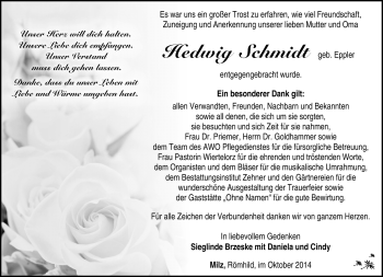 Traueranzeige von Hedwig Schmidt von Südthüringer Presse