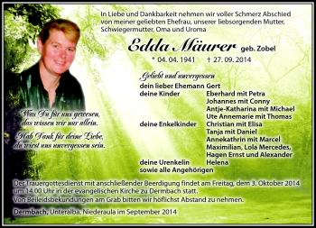 Traueranzeige von Edda Mäurer von Südthüringer Presse