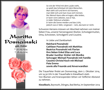 Traueranzeige von Maritta Posnainski von Südthüringer Presse