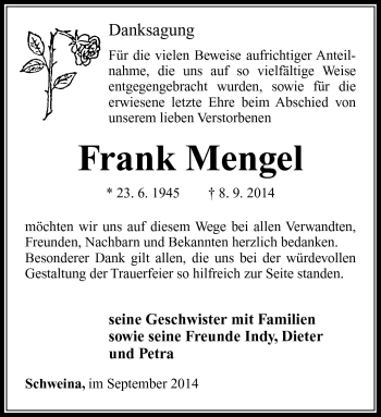 Traueranzeige von Frank Mengel von Südthüringer Presse