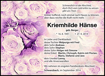 Traueranzeige von Kriemhilde Hänse von Südthüringer Presse