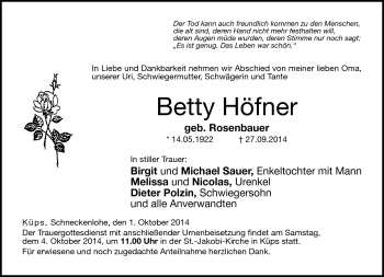 Traueranzeige von Betty Höfner von Neue Presse Coburg