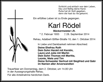 Traueranzeige von Karl Rödel von Frankenpost