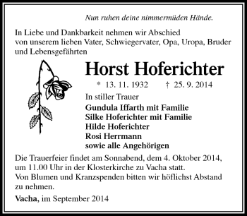 Traueranzeige von Horst Hoferichter von Südthüringer Presse