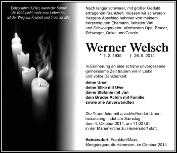 Traueranzeige von Werner Welsch von Südthüringer Presse