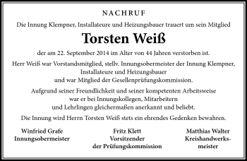Traueranzeige von Torsten Weiß von Südthüringer Presse