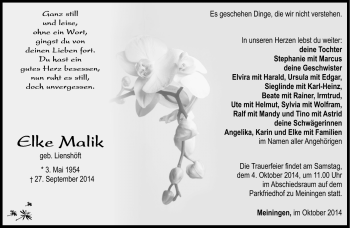 Traueranzeige von Elke Malik von Südthüringer Presse