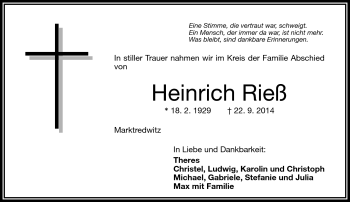 Traueranzeige von Heinrich Rieß von Frankenpost