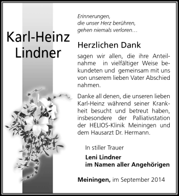 Traueranzeige von Karl-Heinz Lindner von Südthüringer Presse