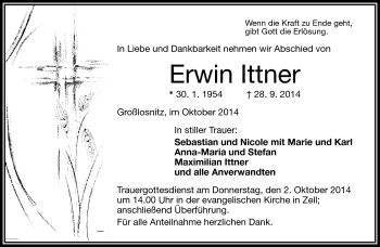 Traueranzeige von Erwin Ittner von Frankenpost