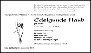 Traueranzeige von Edelgunde Haub von Südthüringer Presse