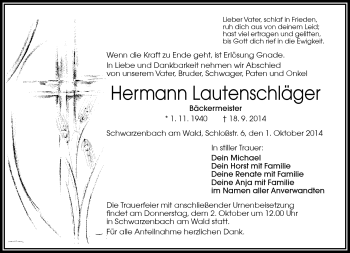 Traueranzeige von Hermann Lautenschläger von Frankenpost