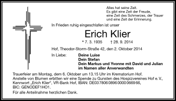 Traueranzeige von Erich Klier von Frankenpost