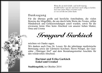 Traueranzeige von Irmgard Garkisch von Südthüringer Presse