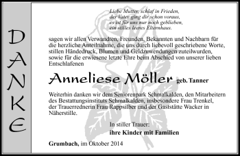 Traueranzeige von Anneliese Möller von Südthüringer Presse