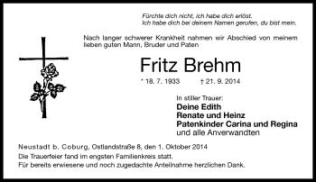 Traueranzeige von Fritz Brehm von Neue Presse Coburg