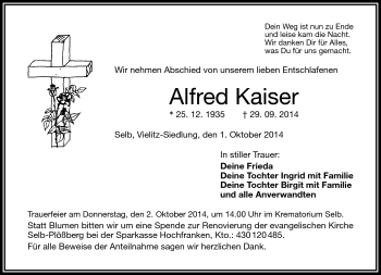 Traueranzeige von Alfred Kaiser von Frankenpost