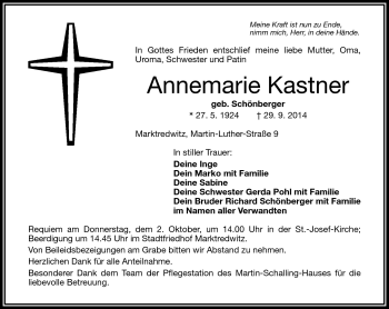 Traueranzeige von Annemarie Kastner von Frankenpost