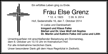 Traueranzeige von Else Grenz von Frankenpost