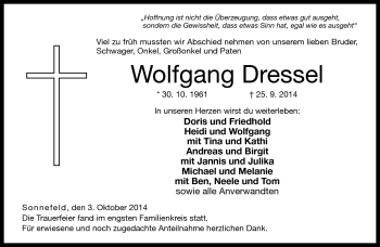 Traueranzeige von Wolfgang Dressel von Neue Presse Coburg